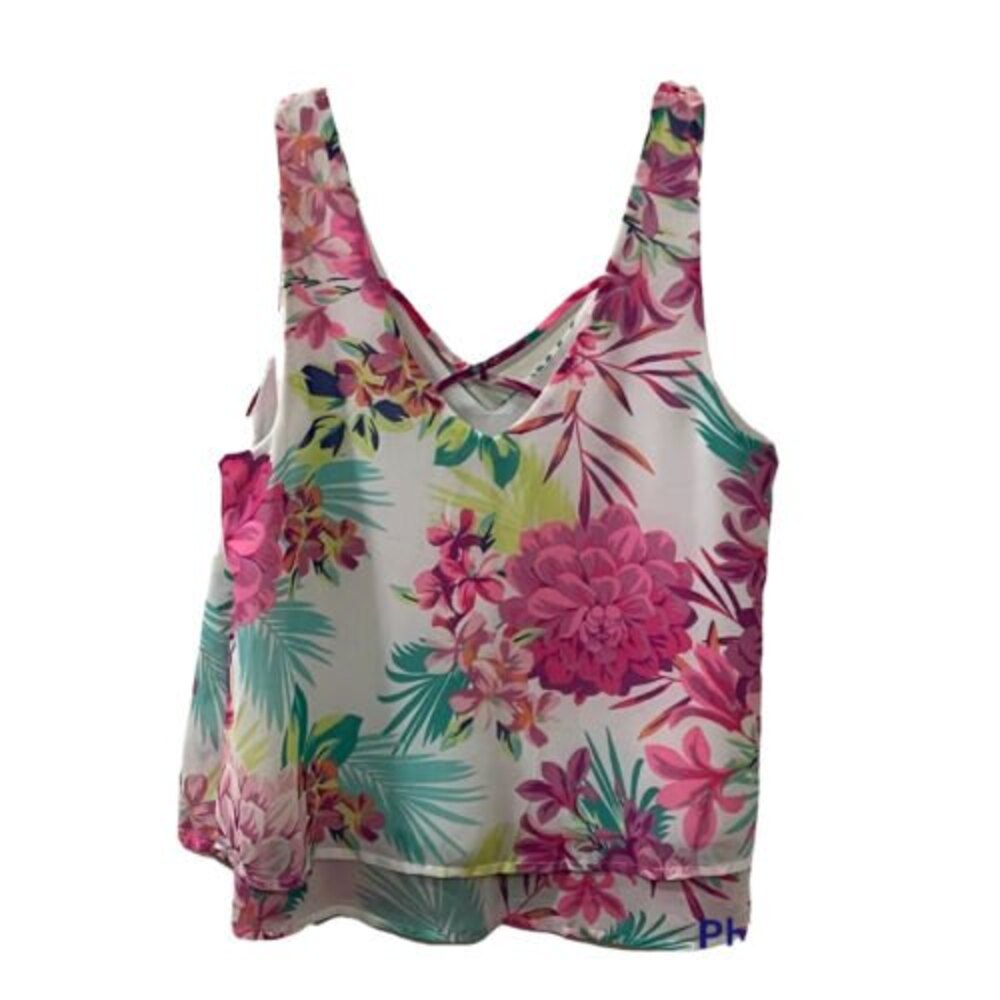 Candies Womens Floral Tank Top Hi-Lo Hem Pink Multicolor Sheer Top Sz Medium